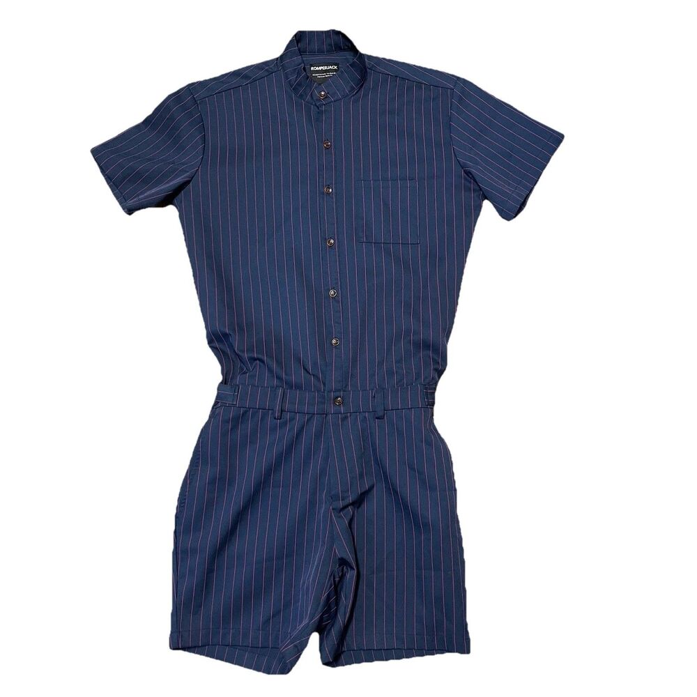 RomperJack Men's Chateaux Romper Size Small Navy Pink Pinstripe One Piece EUC